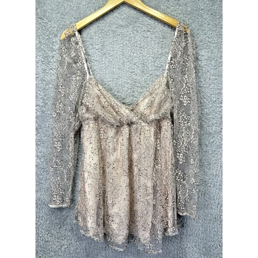 Free People Heavenly Lace Tunic Womens M Pink Black Floral Sheer Boho Whimsigoth